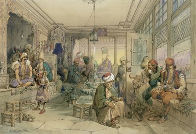 Kawiarnia, Konstantynopol, 1854 (pióro, tusz i wc na papierze) autorstwa Amadeo Preziosi