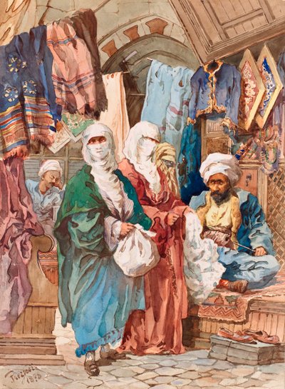 Jedwabny Bazar (targ orientalny, suk, wyroby jedwabne) - Jedwabny Bazar - Amedeo Preziosi (1816-1882), Akwarela na papierze (41x30 cm) - Pera Museum, Stambuł autorstwa Amadeo Preziosi