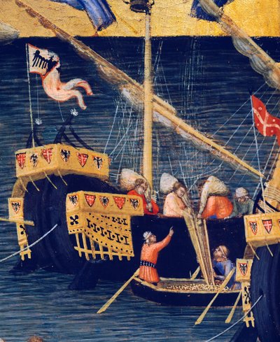 Łódki, detal z cudu pszenicy, cuda św. Mikołaja z Bari autorstwa Ambrogio Lorenzetti