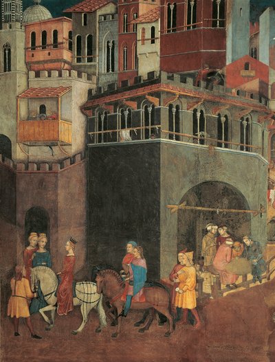 Skutki dobrego rządu w mieście, procesja szlachecka na ulicach miasta, szczegóły alegorii i wpływ dobrego i złego rządu na miasto i wieś autorstwa Ambrogio Lorenzetti