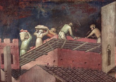 Skutki dobrego rządu w mieście, fragment robotników budujących dom autorstwa Ambrogio Lorenzetti