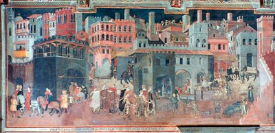 Wpływ dobrych rządów na życie miasta, szczegół, ok. 1330 r. autorstwa Ambrogio Lorenzetti