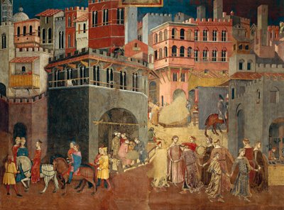 Skutki dobrego rządzenia w mieście, szczegół z Alegorii oraz skutki dobrego i złego rządzenia w mieście i na wsi autorstwa Ambrogio Lorenzetti