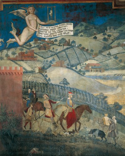 Skutki dobrego rządu w kraju, szczegół z Alegorii oraz skutki dobrego i złego rządu w mieście i na wsi autorstwa Ambrogio Lorenzetti