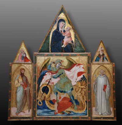 Święty Michał Archanioł zabijający smoka między świętymi Benedyktem i Bartłomiejem (tempera na panelu) autorstwa Ambrogio Lorenzetti