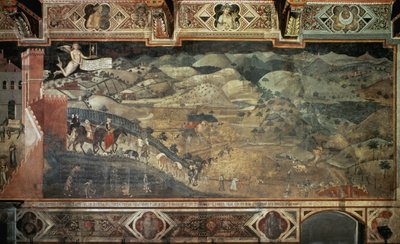 Wieś (fragment Efekty dobrego rządzenia w miastach i na wsi) - Fresk Ambrogio Lorenzetti (1285-1348?), 390x810 cm autorstwa Ambrogio Lorenzetti