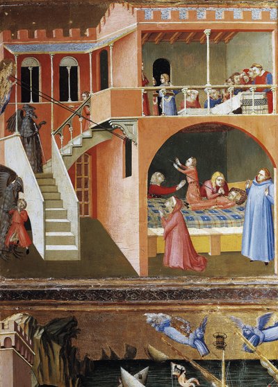 Zmartwychwstanie zmarłego dziecka. Sceny z życia św. Mikołaja (Tempera na drewnie) autorstwa Ambrogio Lorenzetti