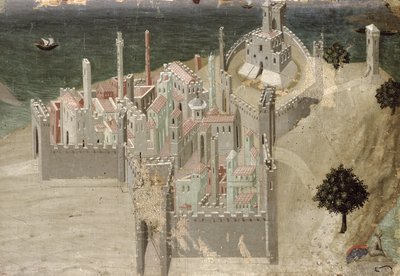 Widok nadmorskiego miasta (olej na panelu) autorstwa Ambrogio Lorenzetti