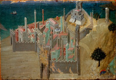 Widok na ufortyfikowane miasto w pobliżu morza Szczegóły. Detrempe na drewnie Ambrogio Lorenzetti autorstwa Ambrogio Lorenzetti
