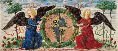 Anioły trzymające tarczę z herbem Sforzów, pergamin miniaturowy Burgund autorstwa Ambrogio da Fossano (c.1460 1523)