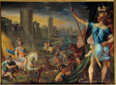 Obóz krużów przed Jerozolimą Z cyklu „Histoire de Tancrede et de Clorinde”” ilustrującego „”La jerusalem delibree”” poety Le Tasse (Il tasso) Obraz Ambroise Dubois (1542-1614) Słońce . 1,62 x 2,15 m Fontainebleau. Zamek autorstwa Ambroise Dubois