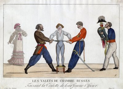Toaleta młodego rosyjskiego oficera - Garneray, Ambroise Louis (1783-1857) - ok. 1930 r. 1815 - Akwaforta, akwarela - 24x32,6 - Kolekcja prywatna autorstwa Ambroise Louis Garneray