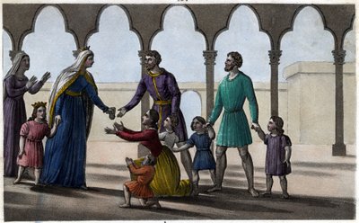 Batilde (lub Bathilde, żona Chlodwiga II) znosi kosztowną daninę, którą Galowie płacili za głowę, małą i dużą. - Opactwo Chelles. Zaprojektowany i wygrawerowany przez Ambroise Tardieu w 1825 roku. autorstwa Ambroise Tardieu
