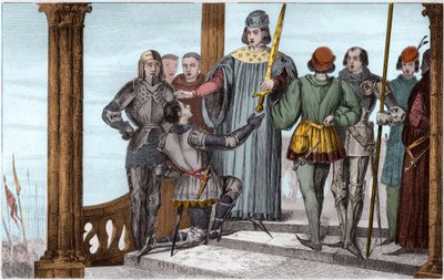 Karol V (1358-80) Mądry wręcza swój miecz Duguesdinowi - Karol V Le sage (1338-1380) uroczyście przedstawia miecz connettable Bertranda du Guesclin (1320-1380) - Rycina 1825 w „Histoire de France reprezentowana przez obrazy synoptyczne oddać się autorstwa Ambroise Tardieu