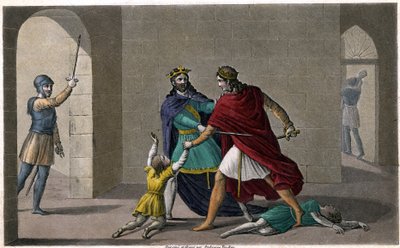 Childebert Pozwoliłem Clotaire (Clothaire) zamordować dzieci ich brata Clodomira, króla Orleanu, którego stany są wspólne. Zaprojektowany i wygrawerowany przez Ambroise Tardieu w 1825 roku. autorstwa Ambroise Tardieu