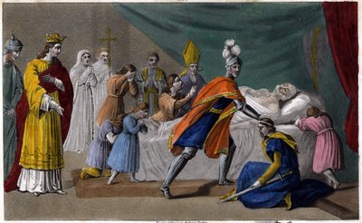 Śmierć Pepina z Herstalu (635-714) w otoczeniu rodziny - Śmierć Pepina de Herstal (dziadka Pepina le Brief), w otoczeniu rodziny i w obecności Dagoberta III (714) - Rysowanie i grób Ambroise Tardieu w 1825 autorstwa Ambroise Tardieu