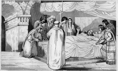 Śmierć Pepina z Herstalu (635-714) w otoczeniu rodziny - Śmierć Pepina de Herstala (dziadka Pepina le Brief), otacza swoją rodzinę i w obecności Dagoberta III (w 714) - Rycina 1825 w „Histoire de France reprezentowany przez ból synoptyczny autorstwa Ambroise Tardieu