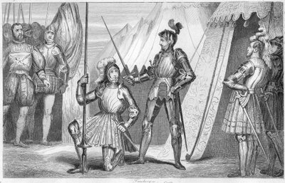 Franciszek I z Francji prosi o pasowanie na rycerza przez Kawalera Bayarda po zwycięstwie w bitwie pod Marignano we Włoszech autorstwa Ambroise Tardieu