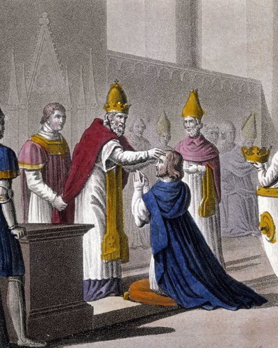 Ludwik II został konsekrowany po raz drugi na soborze w Troyes przez Jana VIII w 879 (detal z 33595). Zaprojektowany i wygrawerowany przez Ambroise Tardieu w 1825 roku. autorstwa Ambroise Tardieu