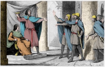 Ludwik V Indolent pokazuje swoją koronę swoim wyznawcom w 986 - Ludwik V le Faineant (ok. 967-987), ogłoszony królem Francji pod protektoratem Hugues Capet, który został królem Francji, w 986 - Rycina 1825 w “ Histoire de France reprezentowana przez synopt autorstwa Ambroise Tardieu