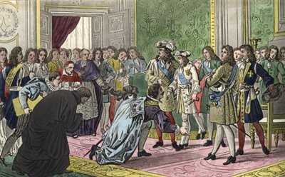Ludwik XIV (1638-1715), w otoczeniu swojej rodziny i najważniejszych postaci dworu, w 1700 roku przedstawia posłom Hiszpanii swojego wnuka Filipa V jako nowego króla. - Zaprojektowany i wyryty przez Ambroise Tardieu w 1825 roku. autorstwa Ambroise Tardieu
