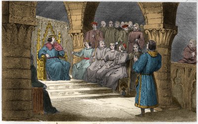 Filip V (1294-1322) Wysoki i Stany Generalne odrzucają pretensje Joanny II (prawo salickie) – Filip V dit „”Le Long”” (1294-1322) – Stany Zjednoczone-Generaux, wezwane do Luwru, ogłosił króla Filipa V i wykluczył z korony swoją siostrzenicę Jeann autorstwa Ambroise Tardieu
