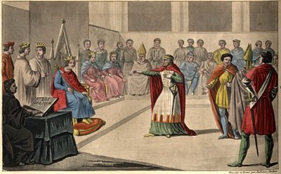 Filip V mówi „Długi” (1294-1322). Stany Generalne, wezwane do Luwru, ogłosiły króla Filipa V i wykluczyły z korony jego siostrzenicę Joannę w 1316 roku; stosując w ten sposób prawo salickie. Zastąpił pośmiertnie Jana I. autorstwa Ambroise Tardieu