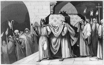 Filip III Śmiały (1245-1285) pomaga nieść trumnę ojca w bazylice św. 1271 - Grawerowanie autorstwa Ambroise Tardieu