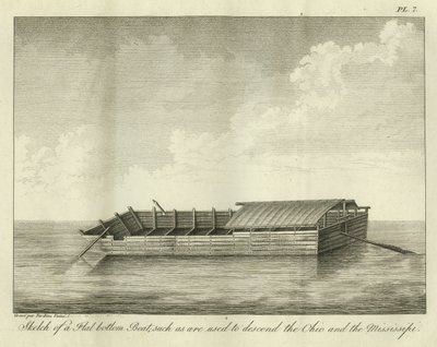 Szkic łodzi z płaskim dnem, takiej jak używana do schodzenia z Ohio i Mississippi, opublikowany w 1826 r. autorstwa Ambroise Tardieu