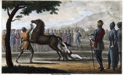 Śmierć królowej Brunhildy z Austrazji, księżniczki Wizygotów, poślubionej królowi Sigebertowi I z Austrazji - Śmierć Brunehauta (lub Brunehildy) z rozkazu Chlotara (Clothaire) II (613). Rysunki i grób Ambroise Tardieu w 1825 roku. autorstwa Ambroise Tardieu