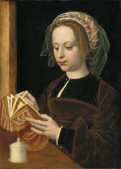 Marie Madeleine lisant - Marie Magdalene Reading, Benson, Ambrosius (1495-1550). Olej na drewnie. Wymiar : 49x35 cm. Muzeum Narodowe w Sztokholmie autorstwa Ambrosius Benson