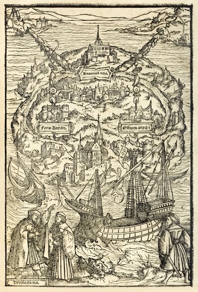 Mapa Nowej Wyspy Utopii z wydania Utopii z 1518 r. autorstwa Sir Thomasa More