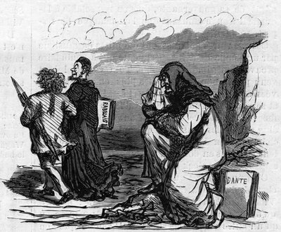 Biedny Dante zaczyna płakać, kiedy widzi Gustave Dore ramię w ramię z tym małym mężczyzną Rabelais. Kreskówka Chama. Grawerowanie w „”Le Monde Illustré””n°821 z 4 stycznia autorstwa Amédée de Noé