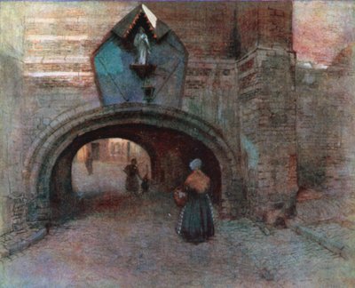 Łuk pod Vieille Boucherie, Antwerpia (kolorowa litografia) autorstwa Amedee (after) Forestier