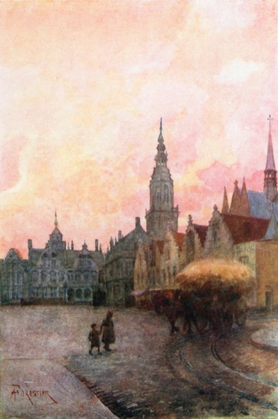 Grande Place i dzwonnica, Furnes (kolorowa litografia) autorstwa Amedee (after) Forestier