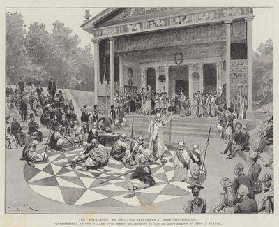 „Agamemnon” z Ajschylosa, wykonany w Bradfield College, Klitajmestra przy drzwiach pałacu spotyka Agamemnona w swoim rydwanie ciągniętym przez jego trojańskich niewolników (lit) autorstwa Amedee (after) Forestier