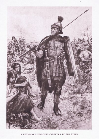Legionista strzegący jeńców na polu, ilustracja z Żołnierza rzymskiego, 1928 autorstwa Amedee Forestier