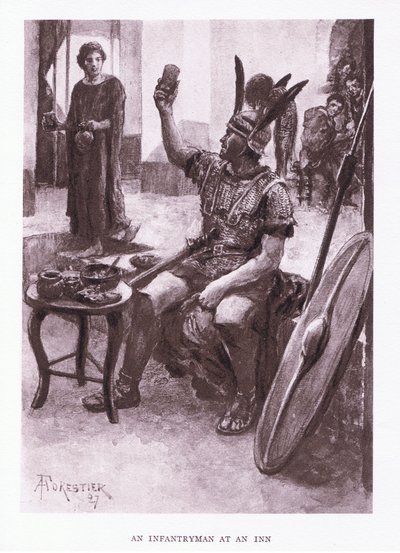 Piechur w karczmie, ilustracja z filmu Żołnierz rzymski, 1928 autorstwa Amedee Forestier