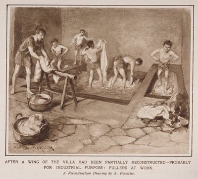 Fullers przy pracy, z artykułu zatytułowanego „The Country Life of the Romans in England” w Illustrated London News autorstwa Amedee Forestier