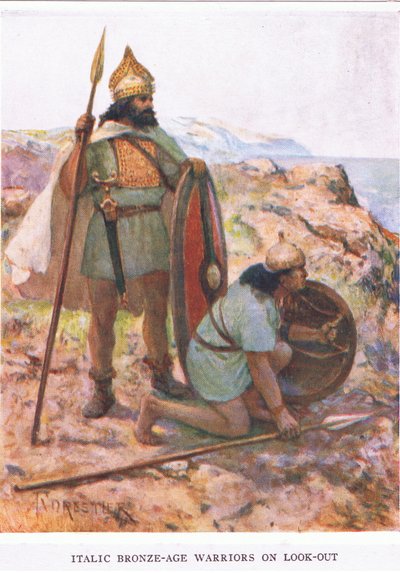 Italiccy wojownicy z epoki brązu na widok, ilustracja z „Rzymskiego żołnierza” autorstwa Amedee Forestier