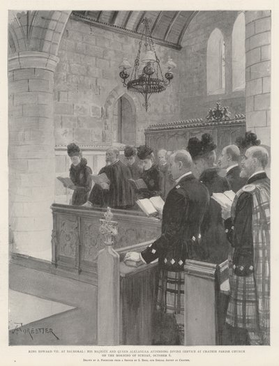 Król Edward VII w Balmoral, Jego Wysokość i Królowa Aleksandra uczestniczą w nabożeństwie w kościele parafialnym Crathie w niedzielny poranek 6 października autorstwa Amedee Forestier
