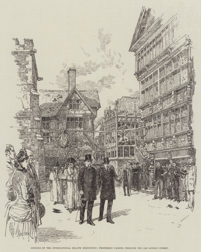 Otwarcie Międzynarodowej Wystawy Zdrowia, Procesja przechodząca przez Old London Street autorstwa Amedee Forestier