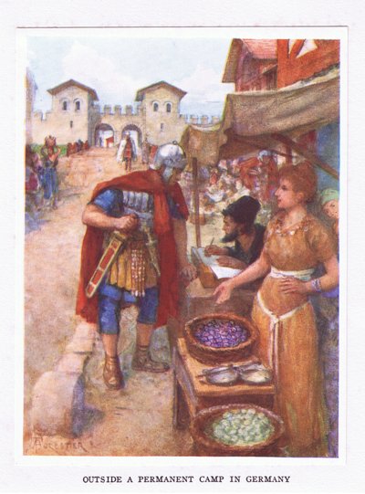 Poza obozem stałym w Niemczech, ilustracja z filmu Żołnierz rzymski, 1928 autorstwa Amedee Forestier