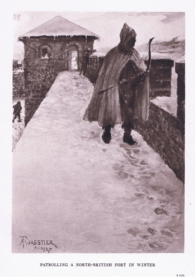 Patrolowanie fortu na północy Wielkiej Brytanii zimą, ilustracja z filmu The Roman Soldier, 1928 autorstwa Amedee Forestier