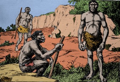Prehistoria: przedstawienie Homo rhodesiensis lub człowieka z Broken hill, przodka Homo sapiens, którego skamieniałości odkryto w Rodezji (dzisiejsza Zambia w Afryce). Rysunek A. Forestiera. DR autorstwa Amedee Forestier