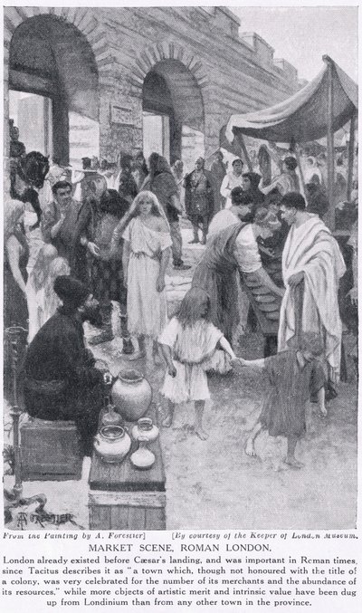 Rzymska scena targowa, Londyn, ilustracja z „Historii Narodów Hutchinsona”, ok. 1910 autorstwa Amedee Forestier