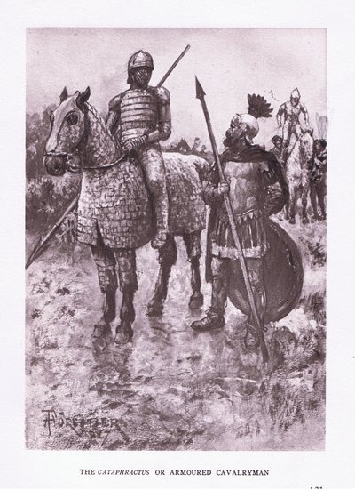 Katafraktus lub kawalerzysta w zbroi, ilustracja z filmu Żołnierz rzymski, 1928 autorstwa Amedee Forestier