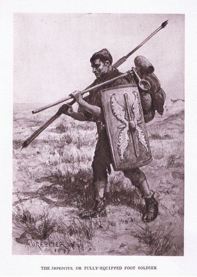 Impeditus lub w pełni wyposażony żołnierz piechoty, ilustracja z filmu Żołnierz rzymski, 1928 autorstwa Amedee Forestier