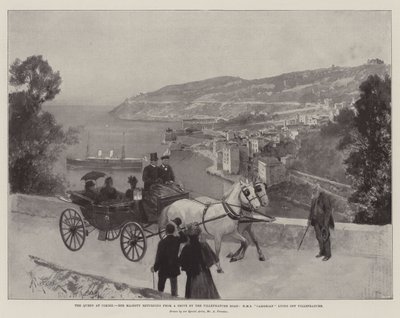 Królowa w Cimiez, Jej Wysokość wraca z Drive przy Villefranche Road, HMS Cambrian leżący na Villefranche autorstwa Amedee Forestier