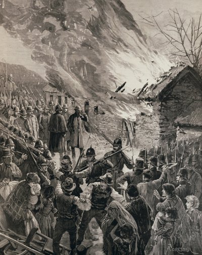 Wojna czynszowa w Irlandii: palenie domów eksmitowanych lokatorów w Glenbeigh, hrabstwo Derry, z „The Illustrated London News”, 29 stycznia 1887 autorstwa Amedee Forestier